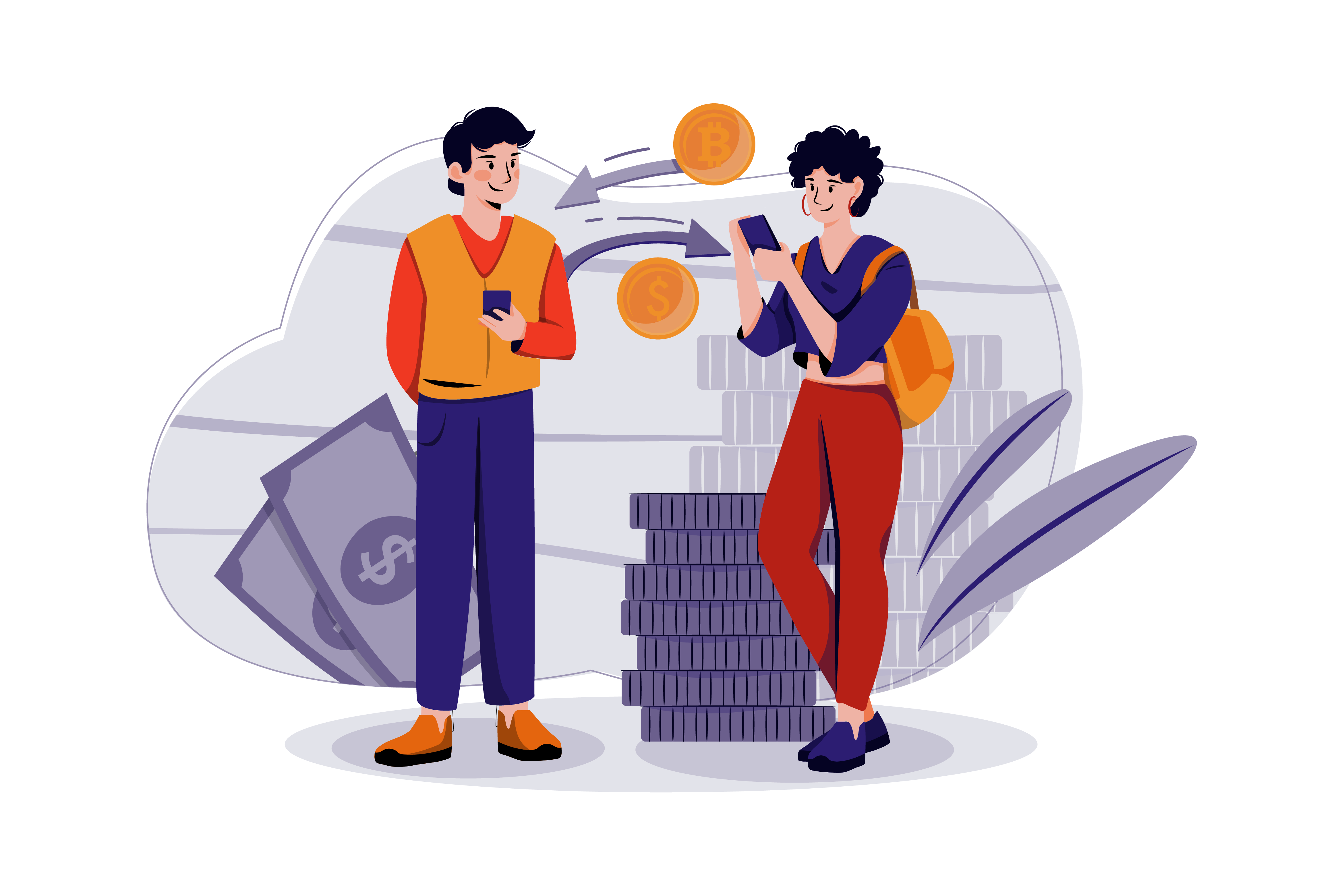 Cartoon illustration of two individuals exchanging Bitcoin