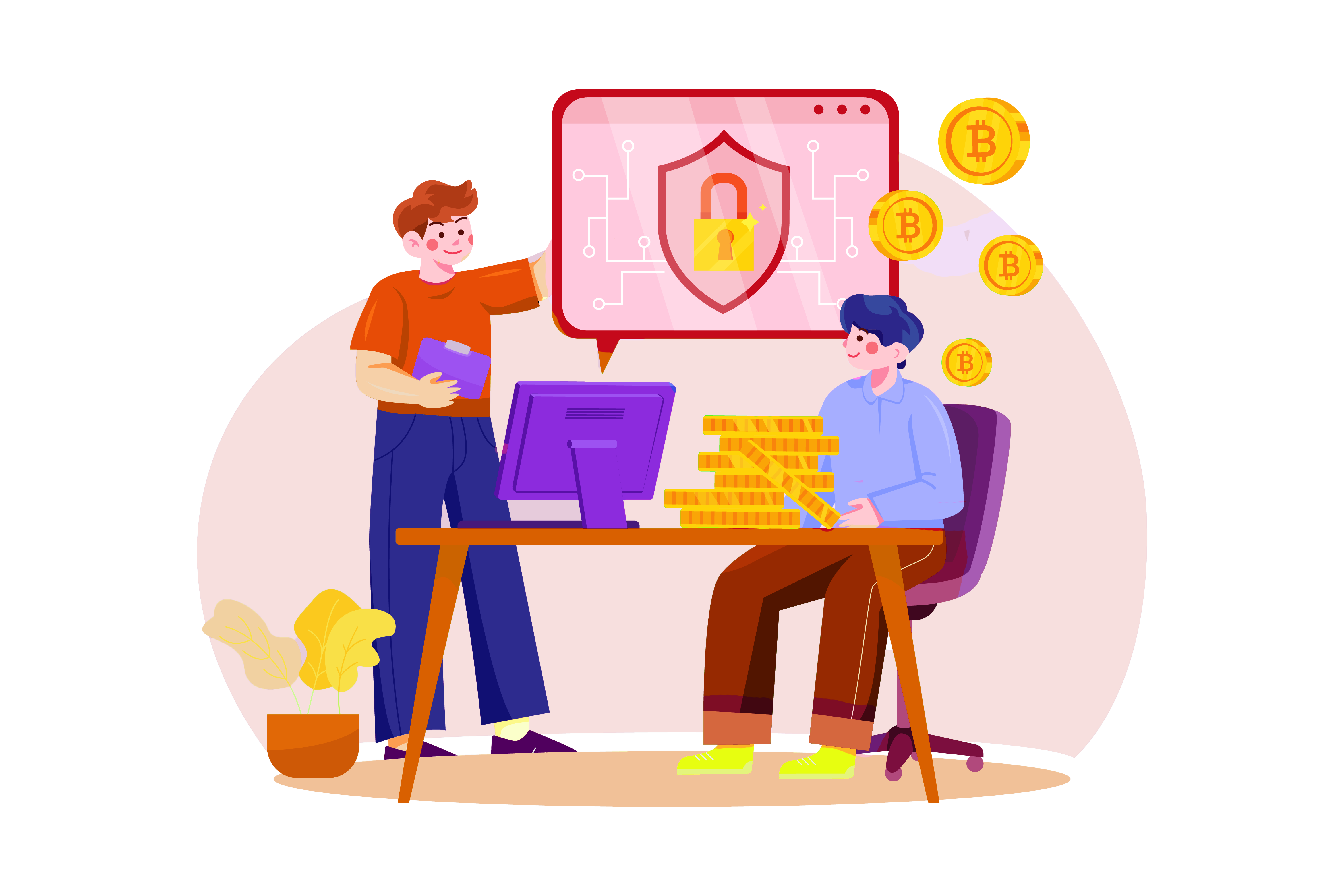 Cartoon illustration of two individuals exchanging Bitcoin